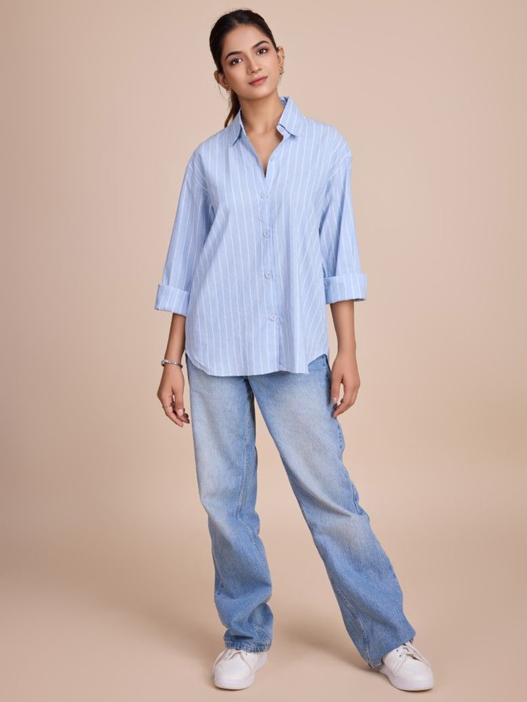 

HOUSE OF MIRA Women Classic Opaque Striped Casual Shirt, Blue