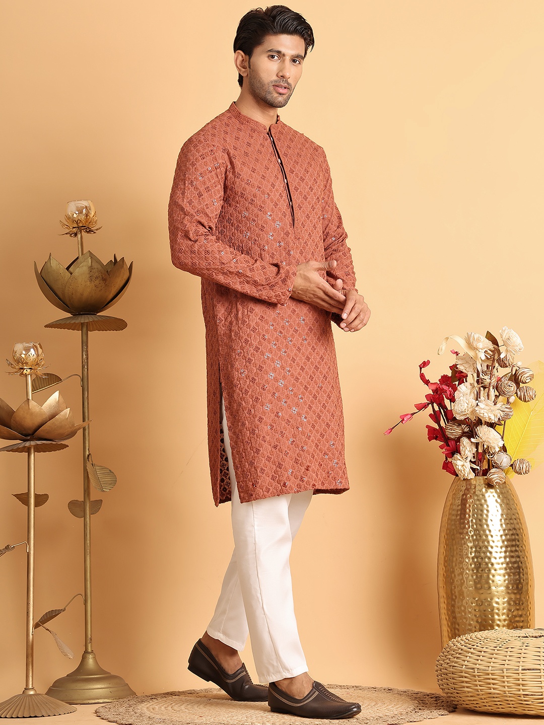 

Jompers Men Floral Embroidered Regular Sequinned Kurta with Pyjamas, Rust