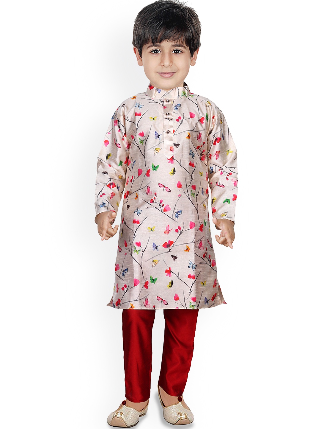 

BAESD Boys Floral Printed Regular Dupion Silk Kurta with Pyjamas, Beige