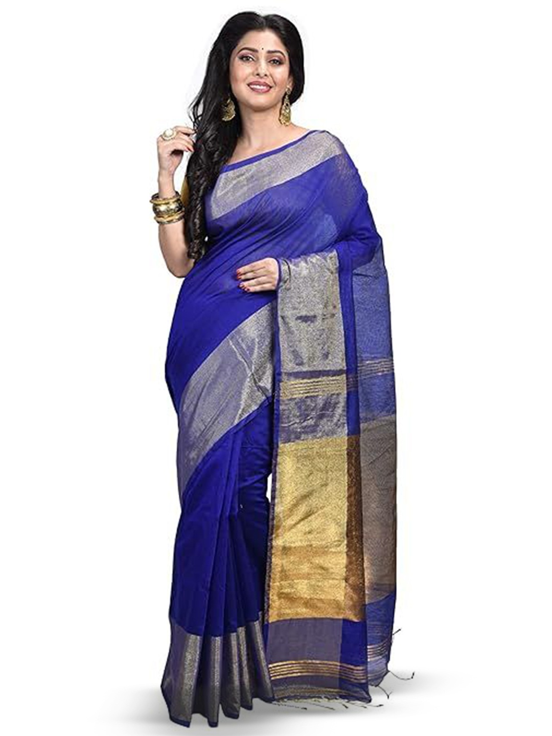 

RAJ SAREE HOUSE Zari Pure Cotton Taant Saree, Blue