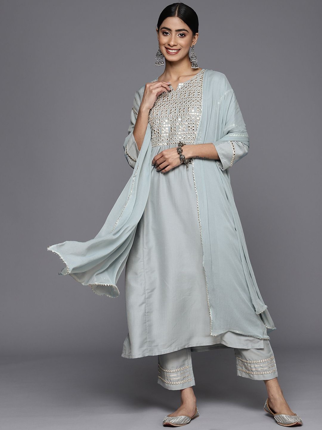 

KALINI Women Yoke Design Empire Mirror Work Kurta with Trousers & With Dupatta, Blue