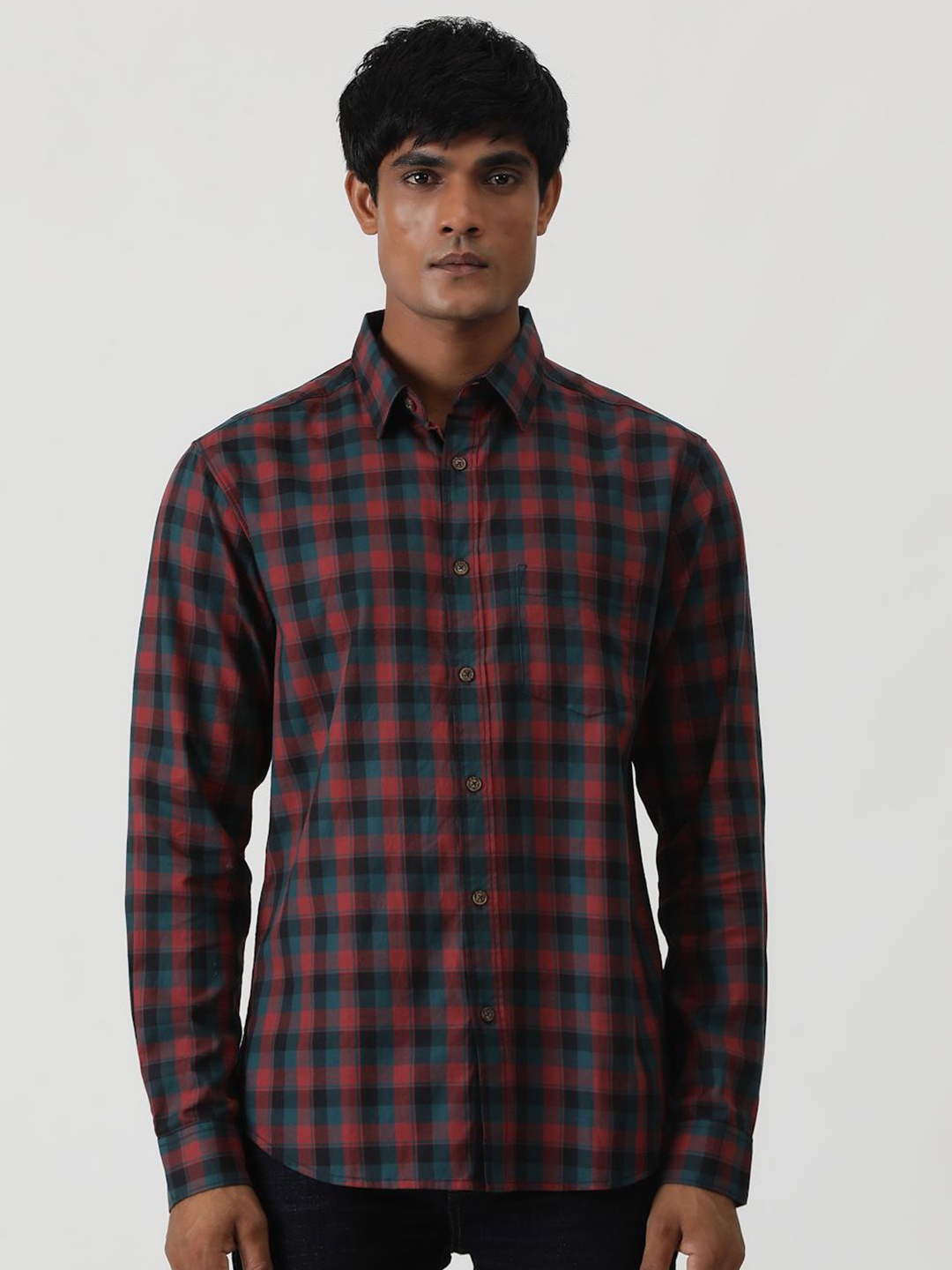 

Greenfibre Men Slim Fit Buffalo Checks Opaque Checked Casual Shirt, Red