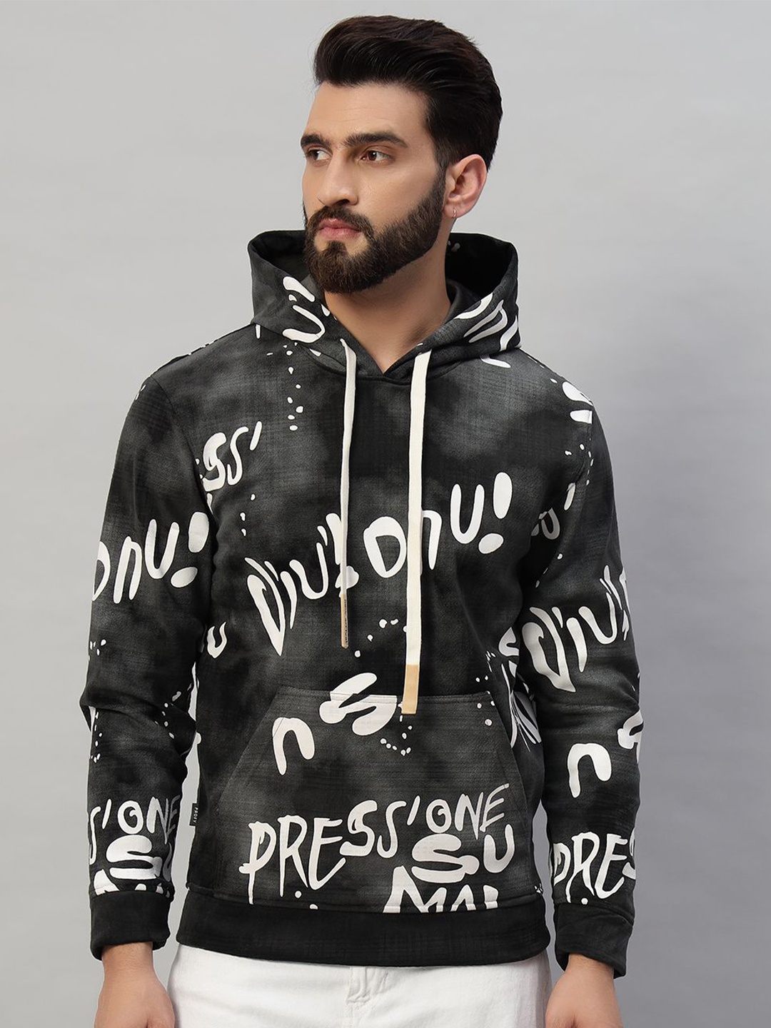 

PROFY Men Alphanumeric Printed Hooded Sweatshirt, Charcoal