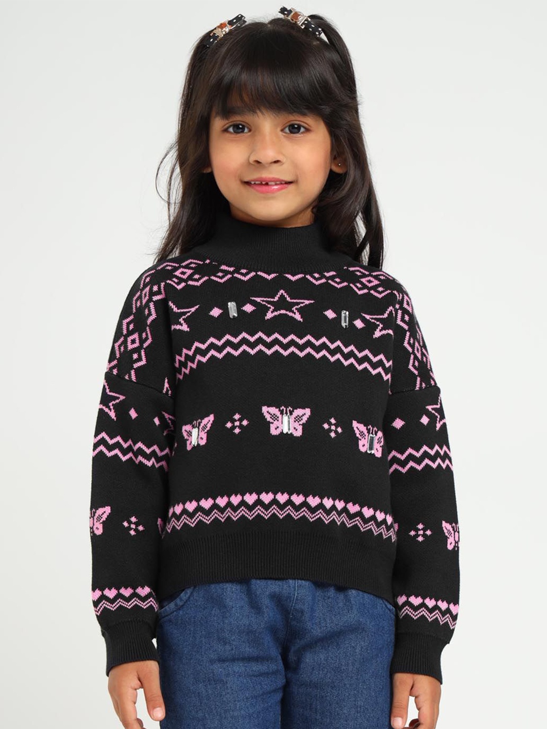 

Somersault Girls Graphic Printed Cotton Pullover, Black