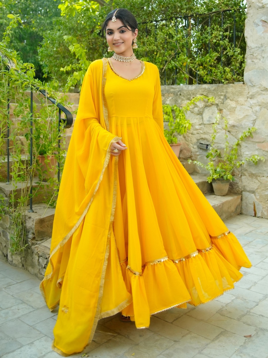

ASHEERA Women Empire Gotta Patti Kurta with Trousers & With Dupatta, Yellow