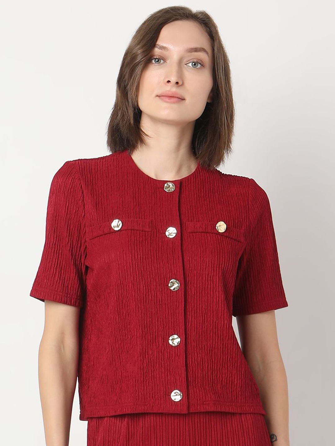 

Vero Moda Women Self Design Round Neck Long Sleeves Top, Red