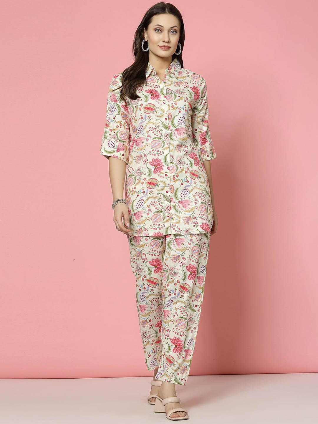 

Clora Creation Shirt Collar Printed Shirt With Trousers, Cream