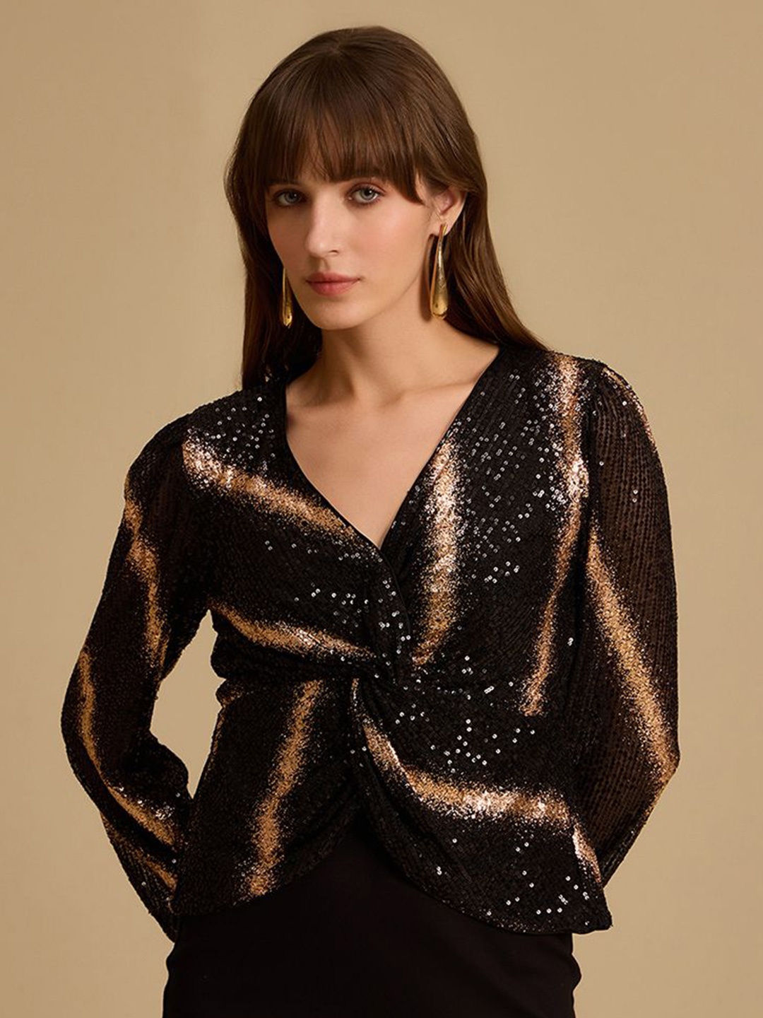 

Kazo Women Sequined Embellished V-Neck Puff Sleeves Top, Black