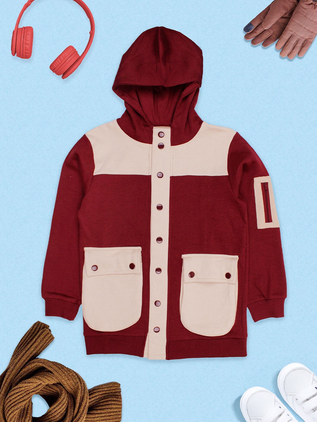 

KiddoPanti Boys Colourblocked Hooded Sweatshirt, Maroon