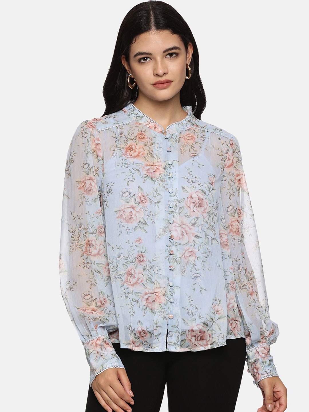 

ISU Women Floral Printed Chiffon Cuffed Sleeves Top, Multi