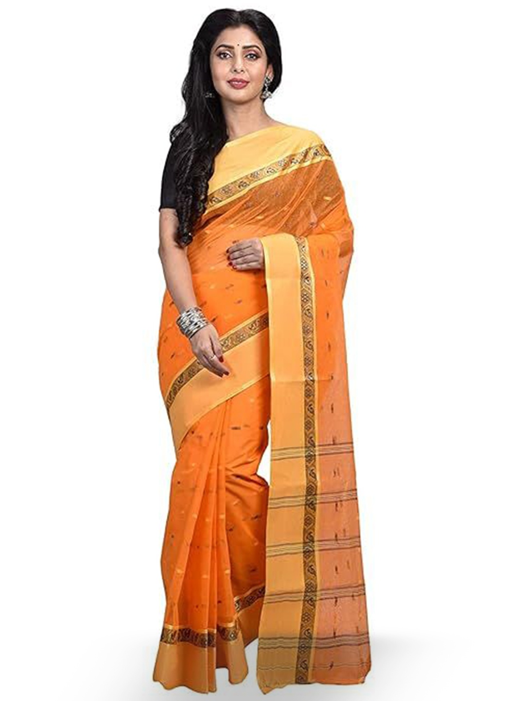 

RAJ SAREE HOUSE Woven Design Zari Pure Cotton Taant Saree, Yellow