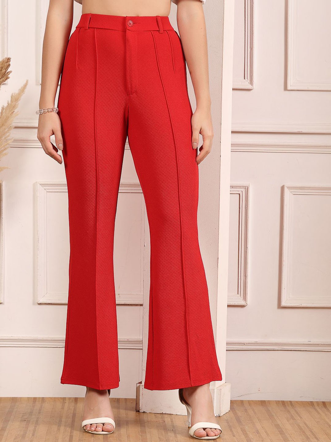 

aayu Women Relaxed Flared High-Rise Easy Wash Pleated Trousers, Red