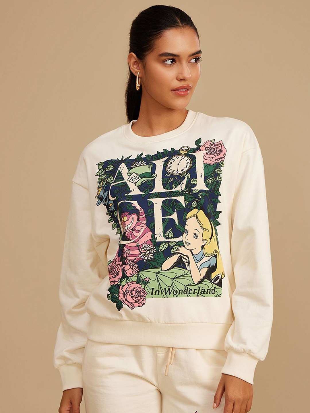 

Kazo Women Graphic Printed Cotton Round Neck Long Sleeves Sweatshirt, Beige