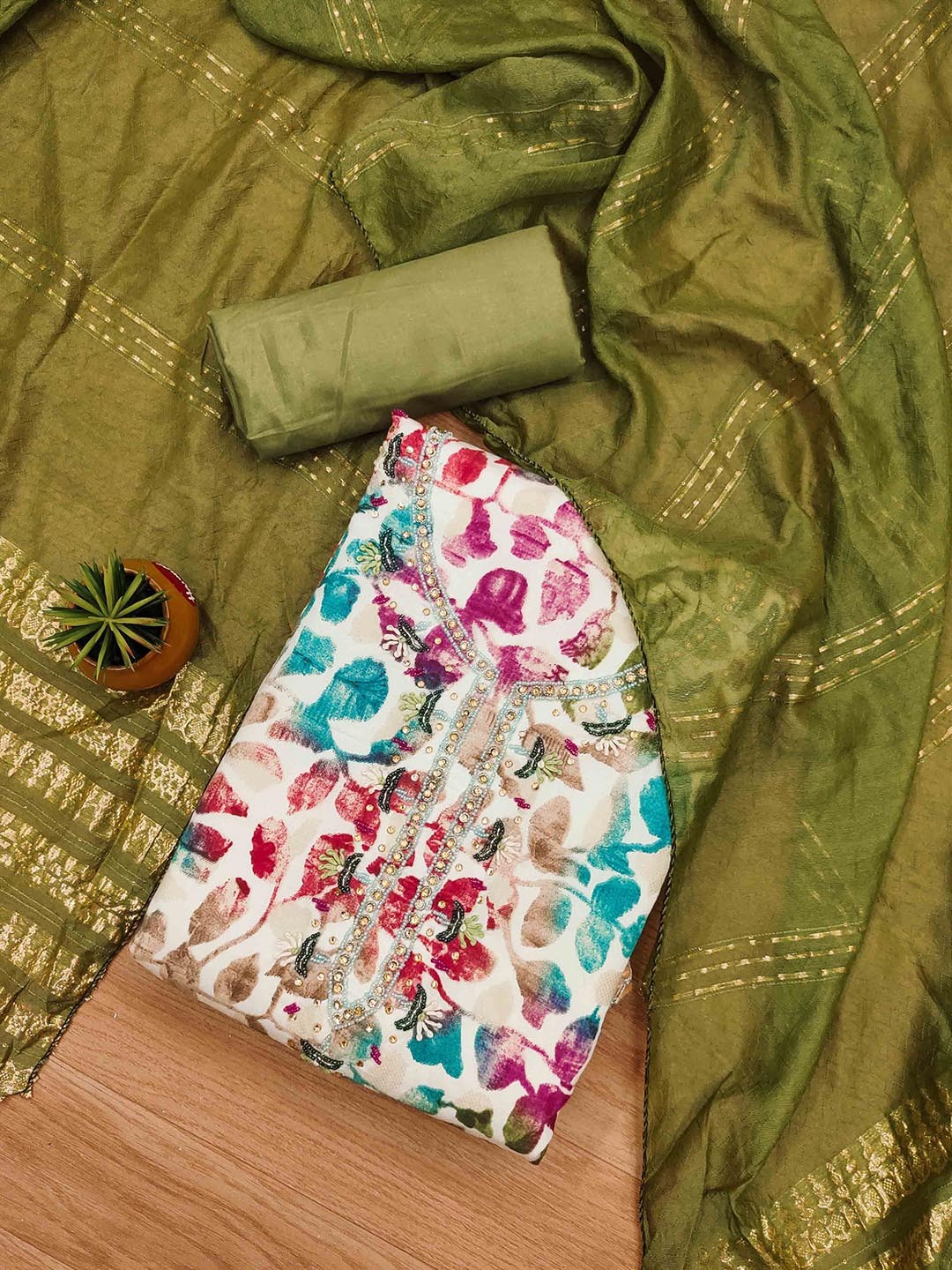 

KIMISHA Embellished Unstitched Dress Material, Green
