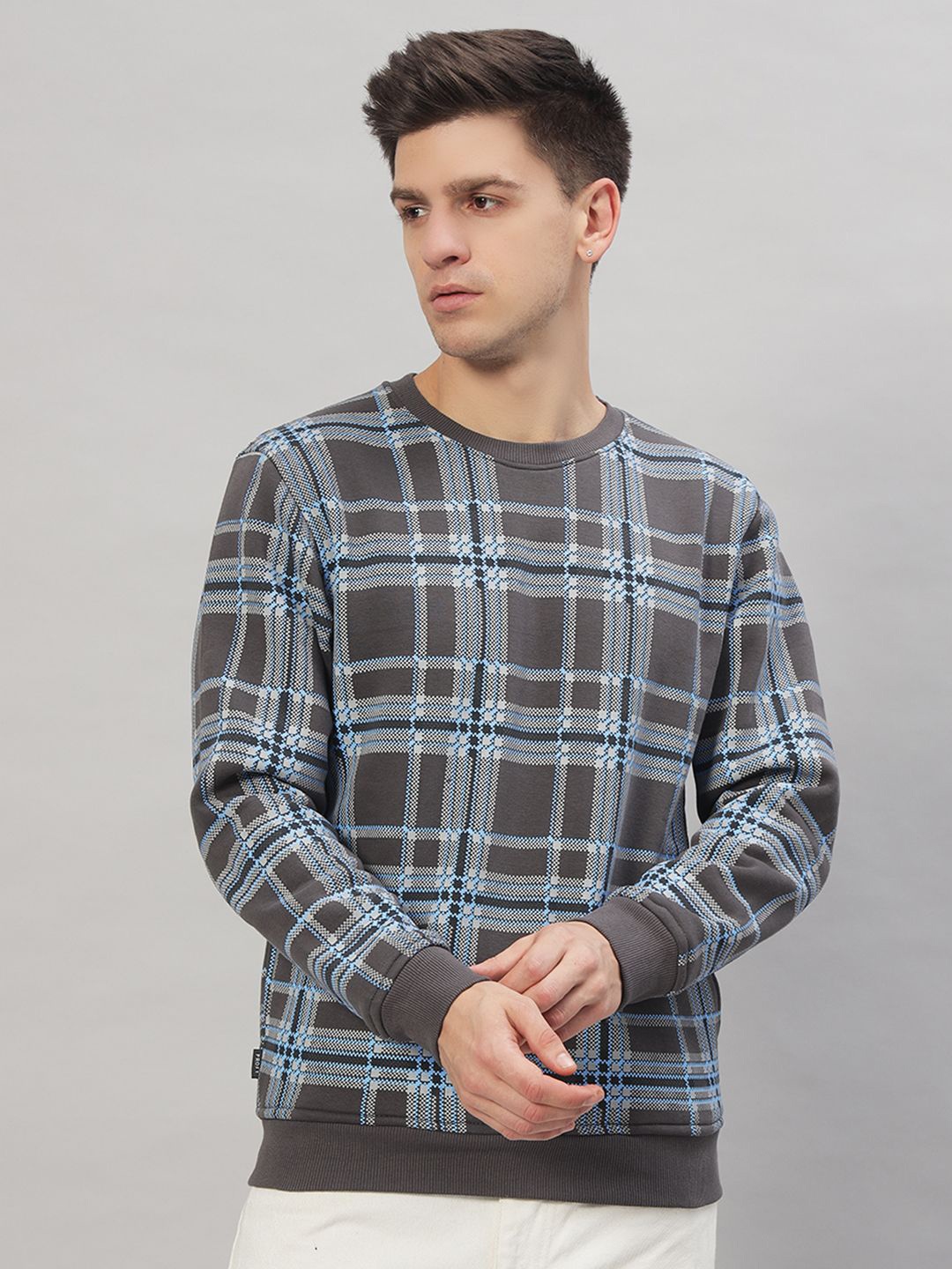 

PROFY Men Checked Round Neck Long Sleeves Sweatshirt, Blue