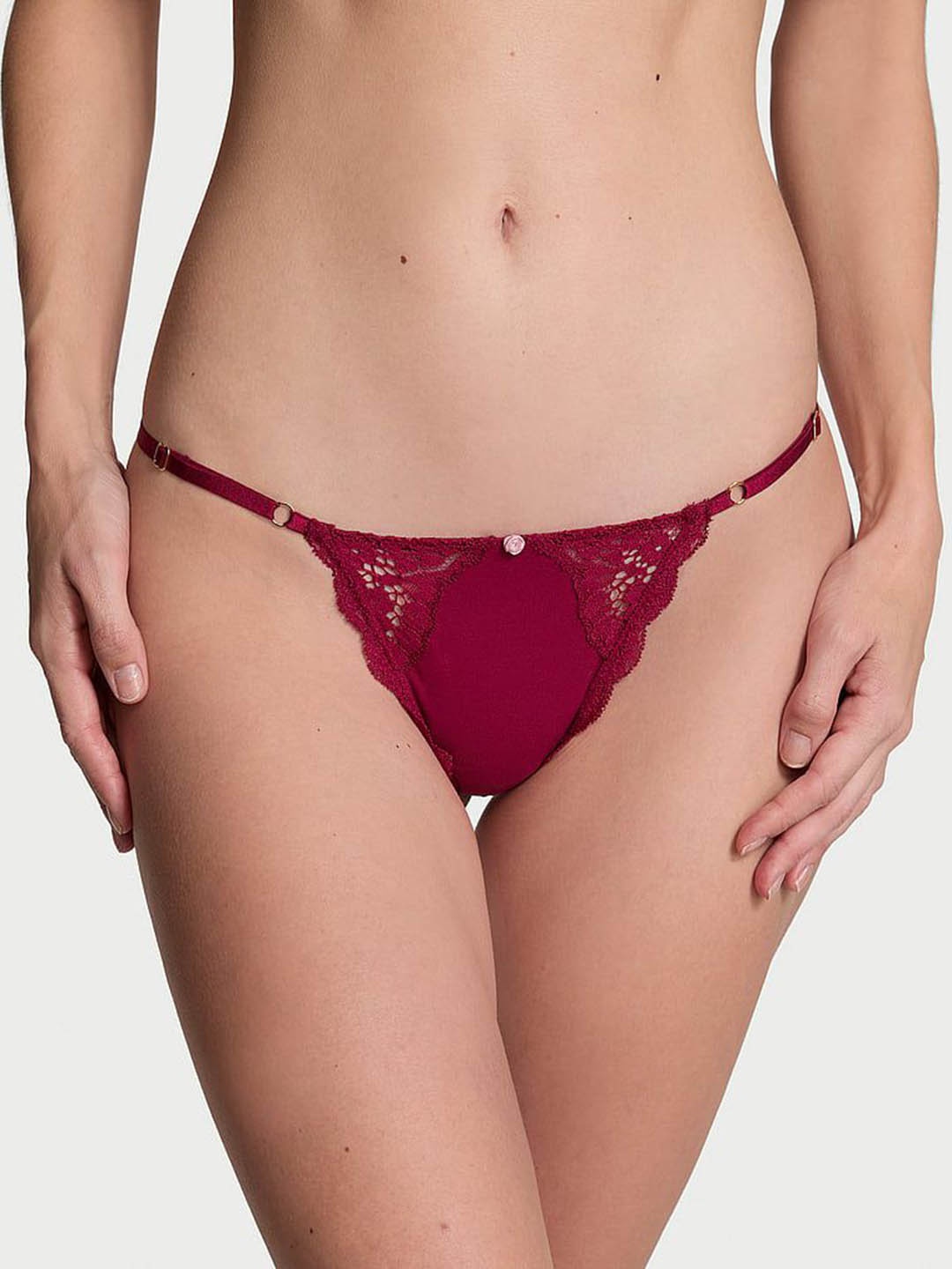 

Victoria's Secret Women Lace-Trim Adjustable V-String Bikini Briefs-1125481596O5, Red