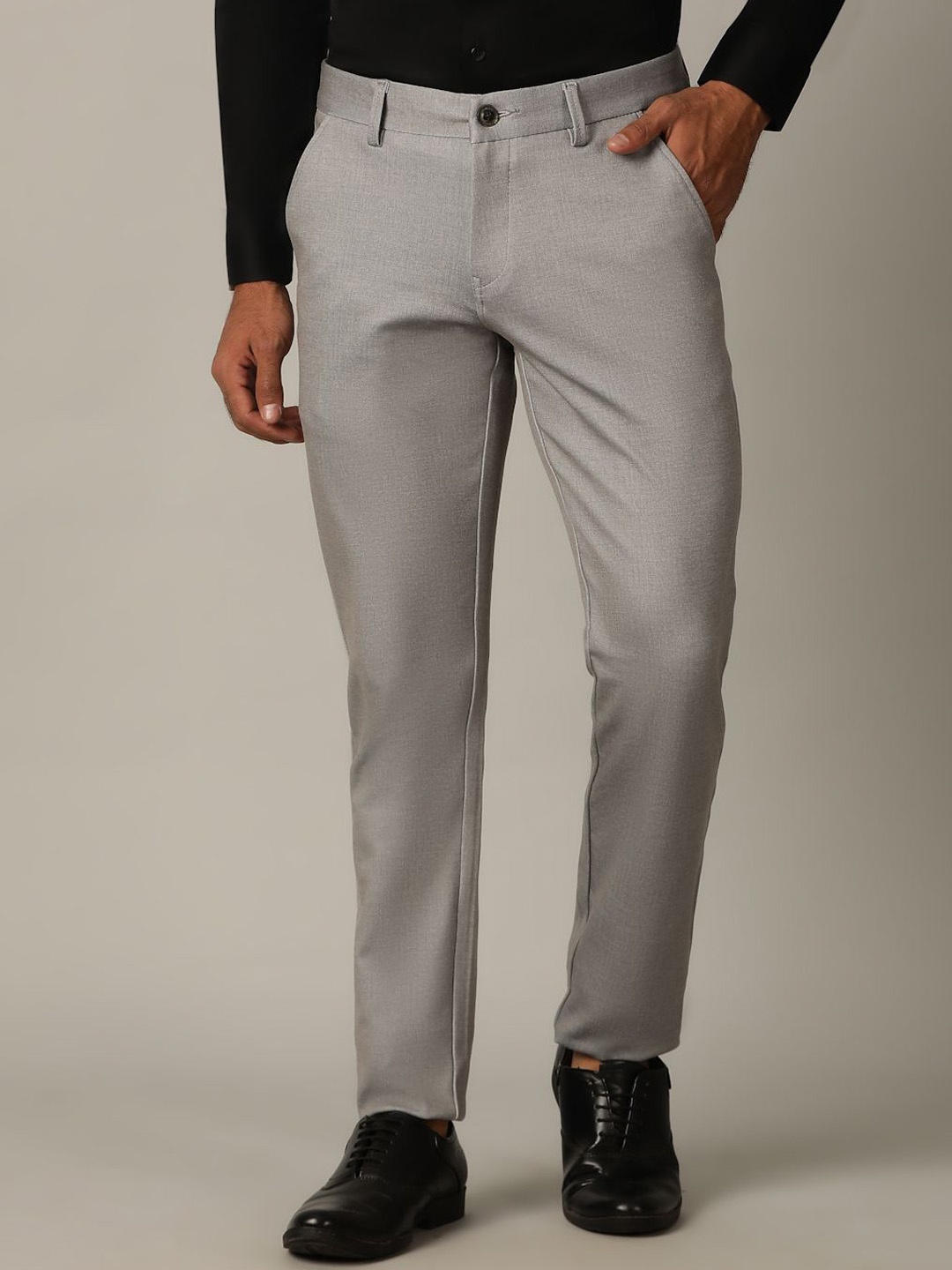 

JADE BLUE Men Cotton Printed Slim Fit Mid-Rise Formal Trousers, Grey