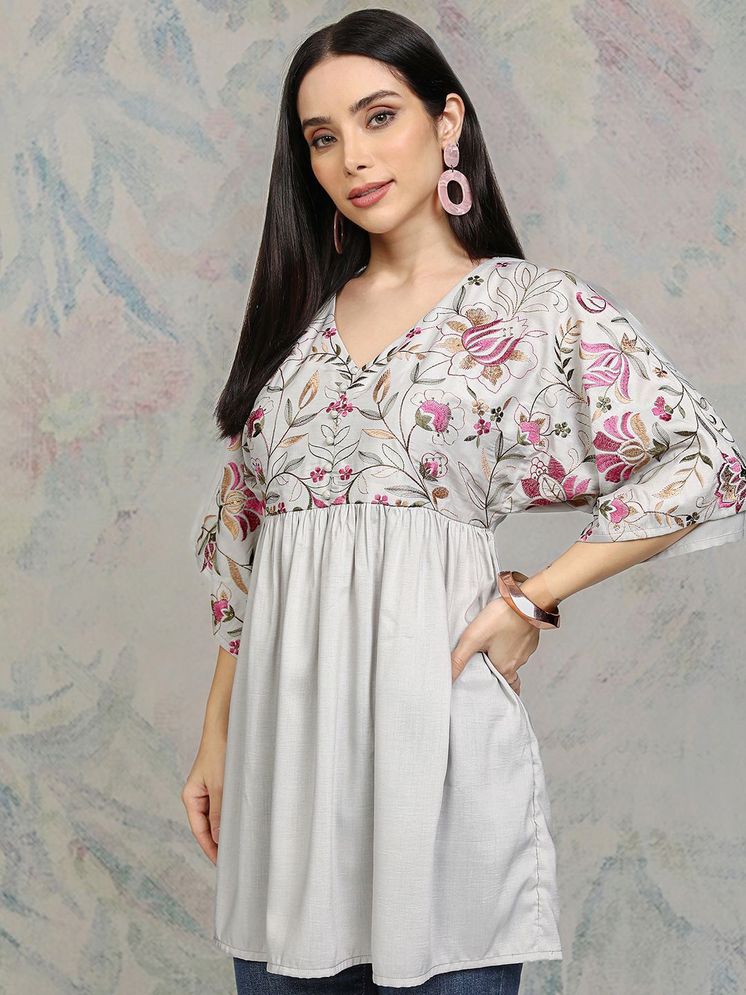 

Vishudh Women V-Neck Embroidered Tunic, Grey