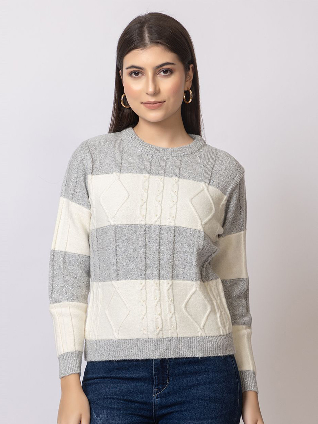 

Navsha Women Cable Knit Woollen Pullover, Grey