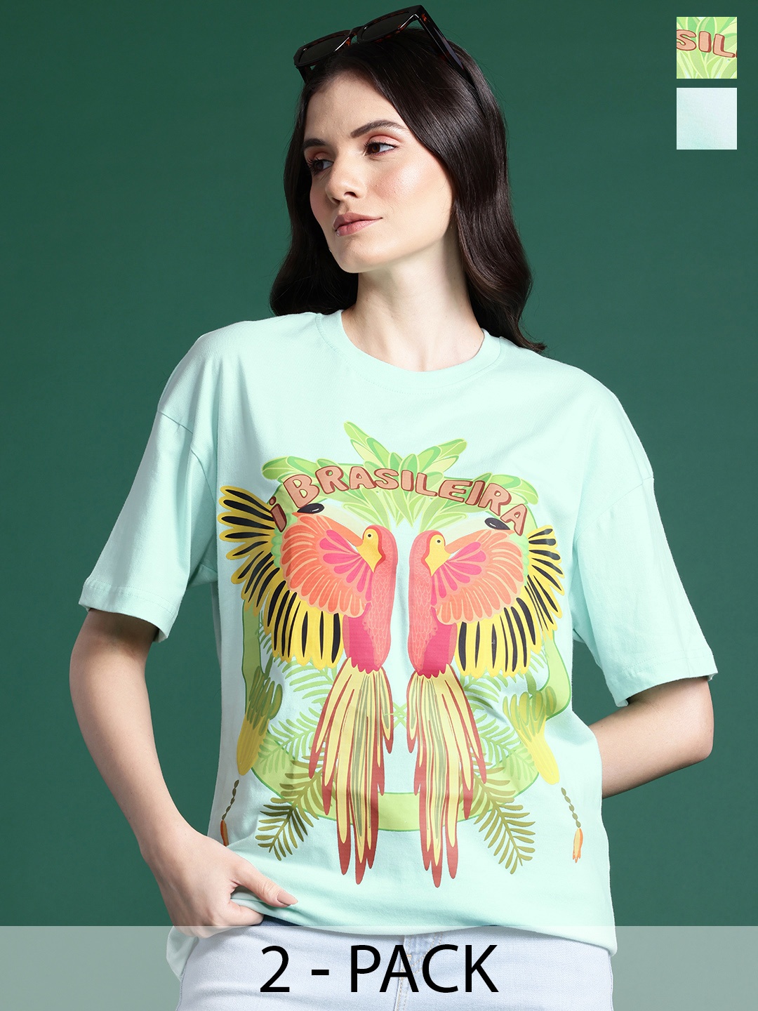 

DressBerry Pack of 2 Printed Drop-Shoulder Sleeves Pure Cotton T-shirts, Sea green