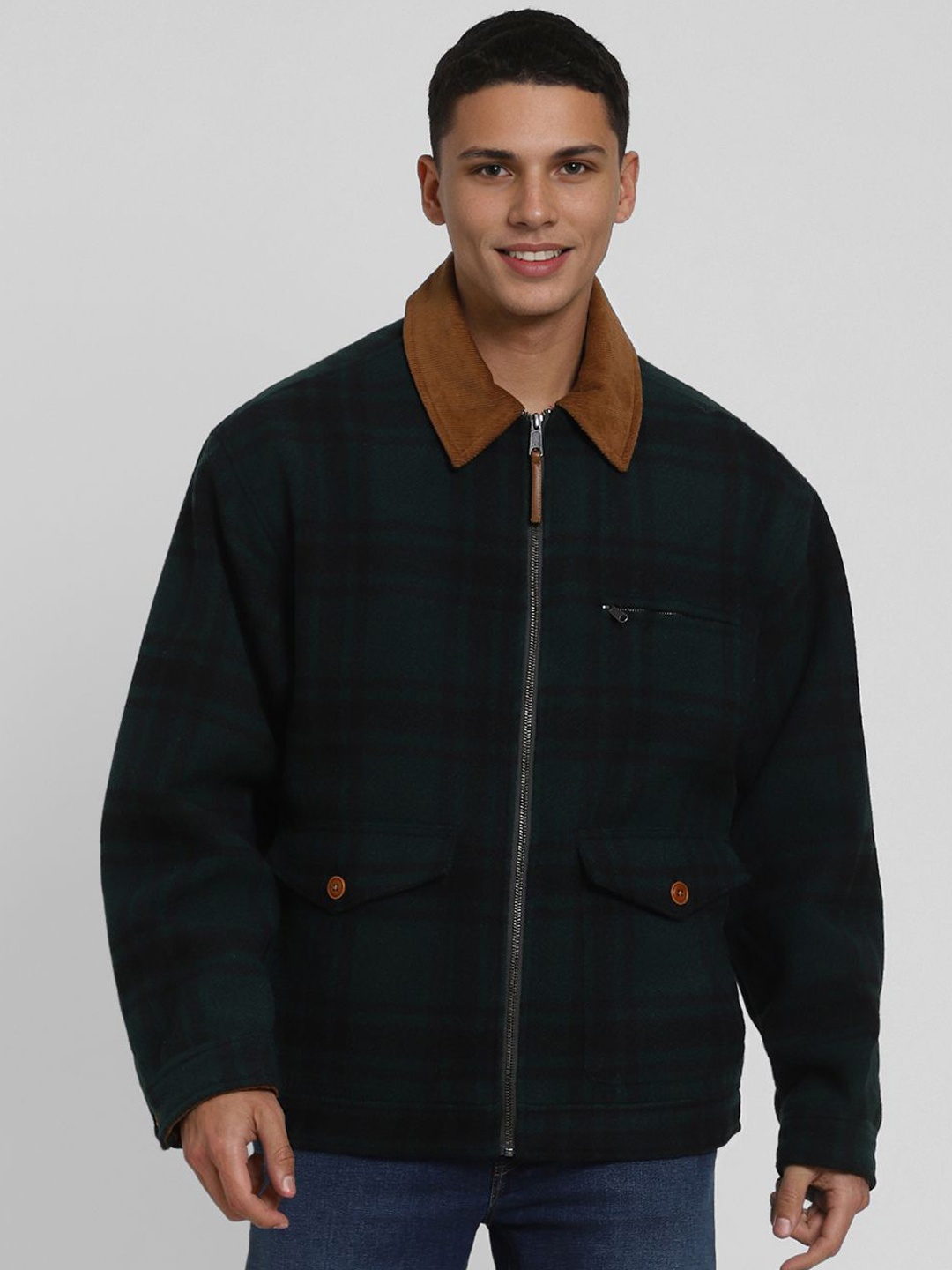 

AMERICAN EAGLE OUTFITTERS Men Checked Open Front Jacket, Green