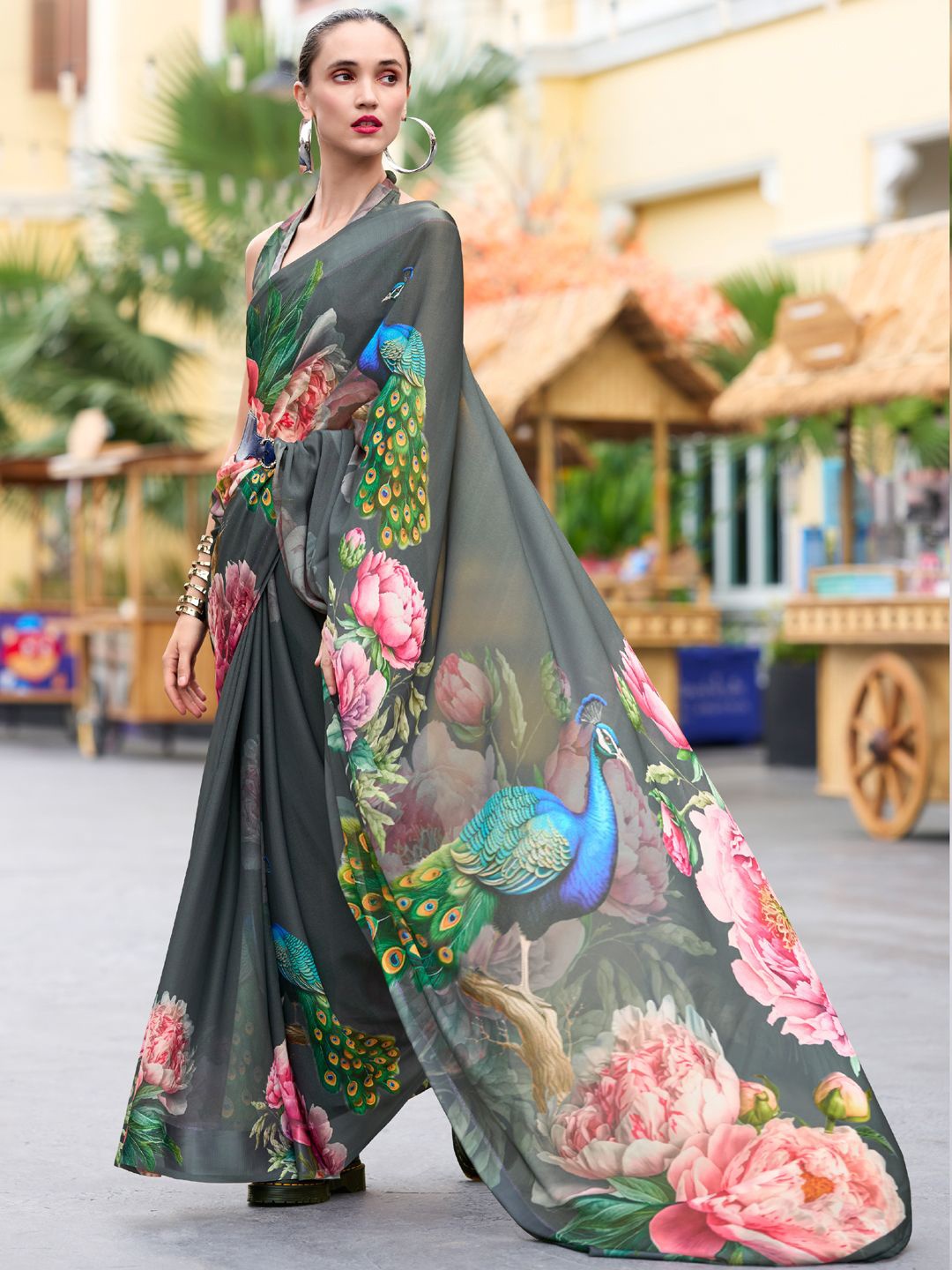 

Mitera Floral Printed Saree, Grey
