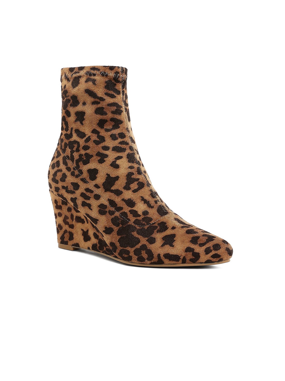 

London Rag Women Leopard Printed Wedge Heeled Regular Boots, Brown