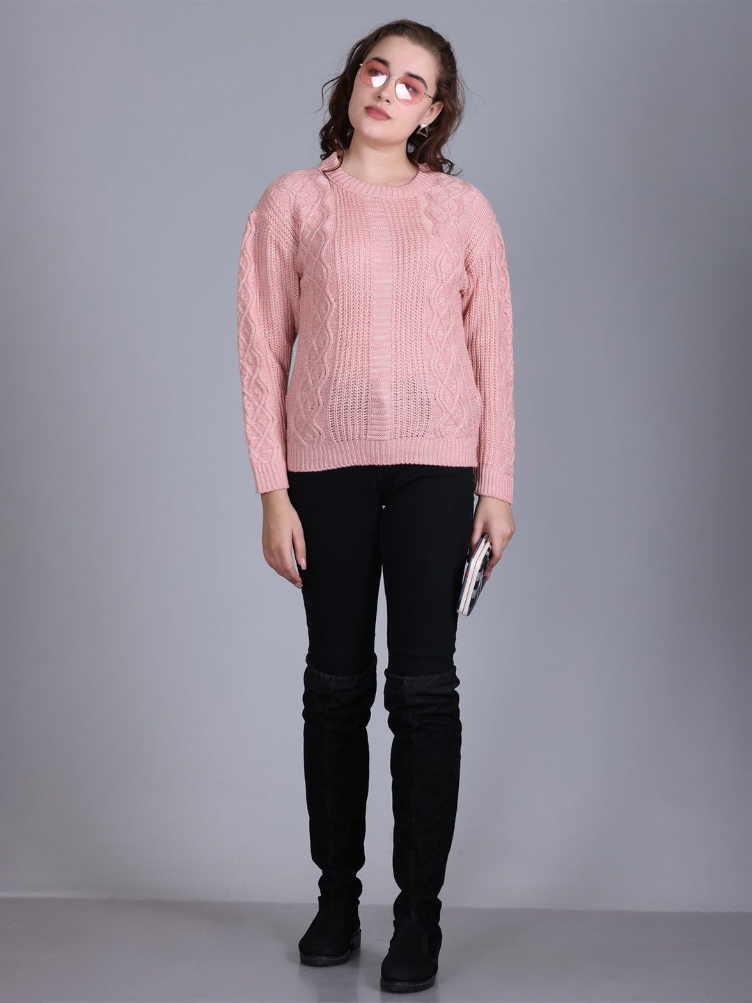 

MONTREX Women Self Design Round Neck Pullover, Pink