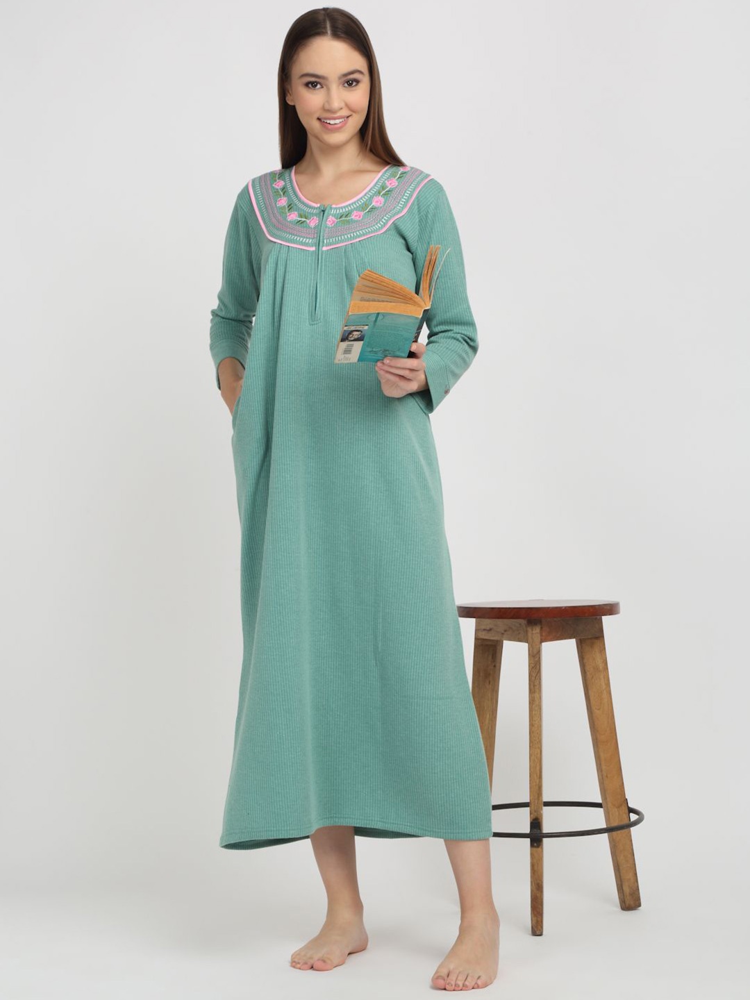 

Arrabi Women Embroidered Maxi Nightdress, Green