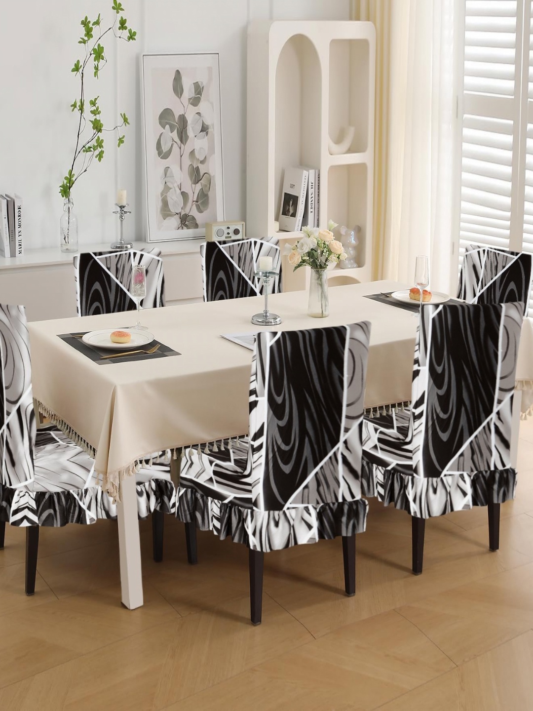

Dakshya Industries Set Of 6 Black & White Colourblocked Chair Cover