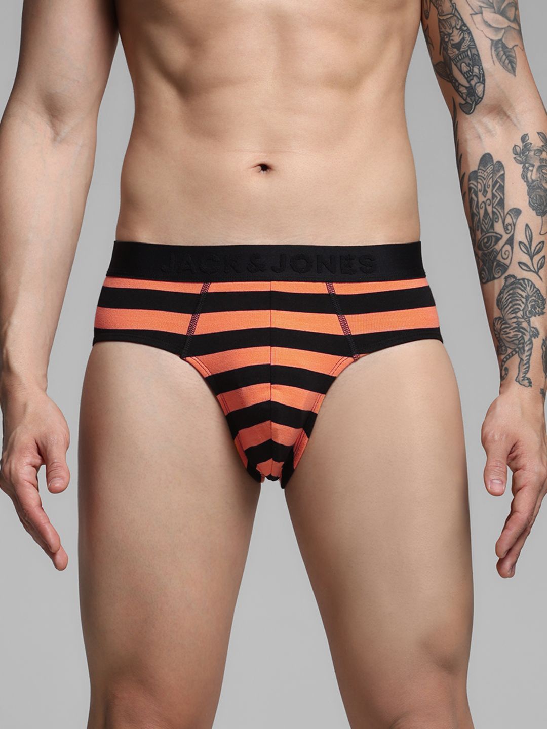 

Jack & Jones Men Striped Cotton Mid-Rise Basic Briefs, Orange