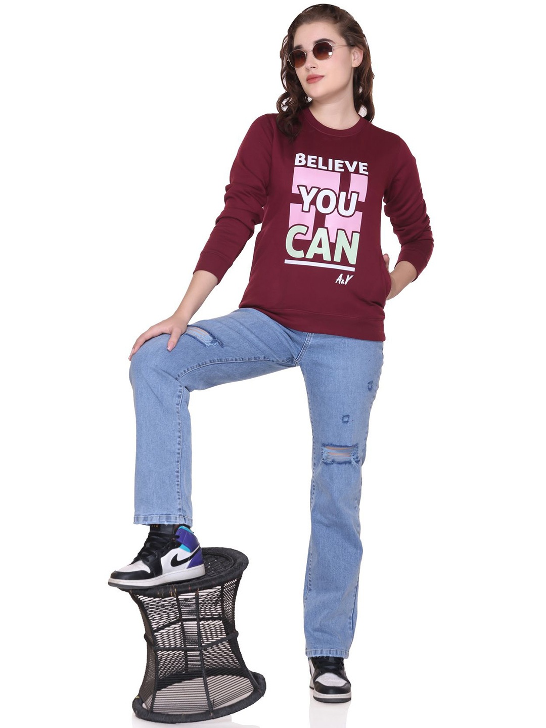 

A & Y Women Printed Pullover Cotton Sweatshirt, Maroon