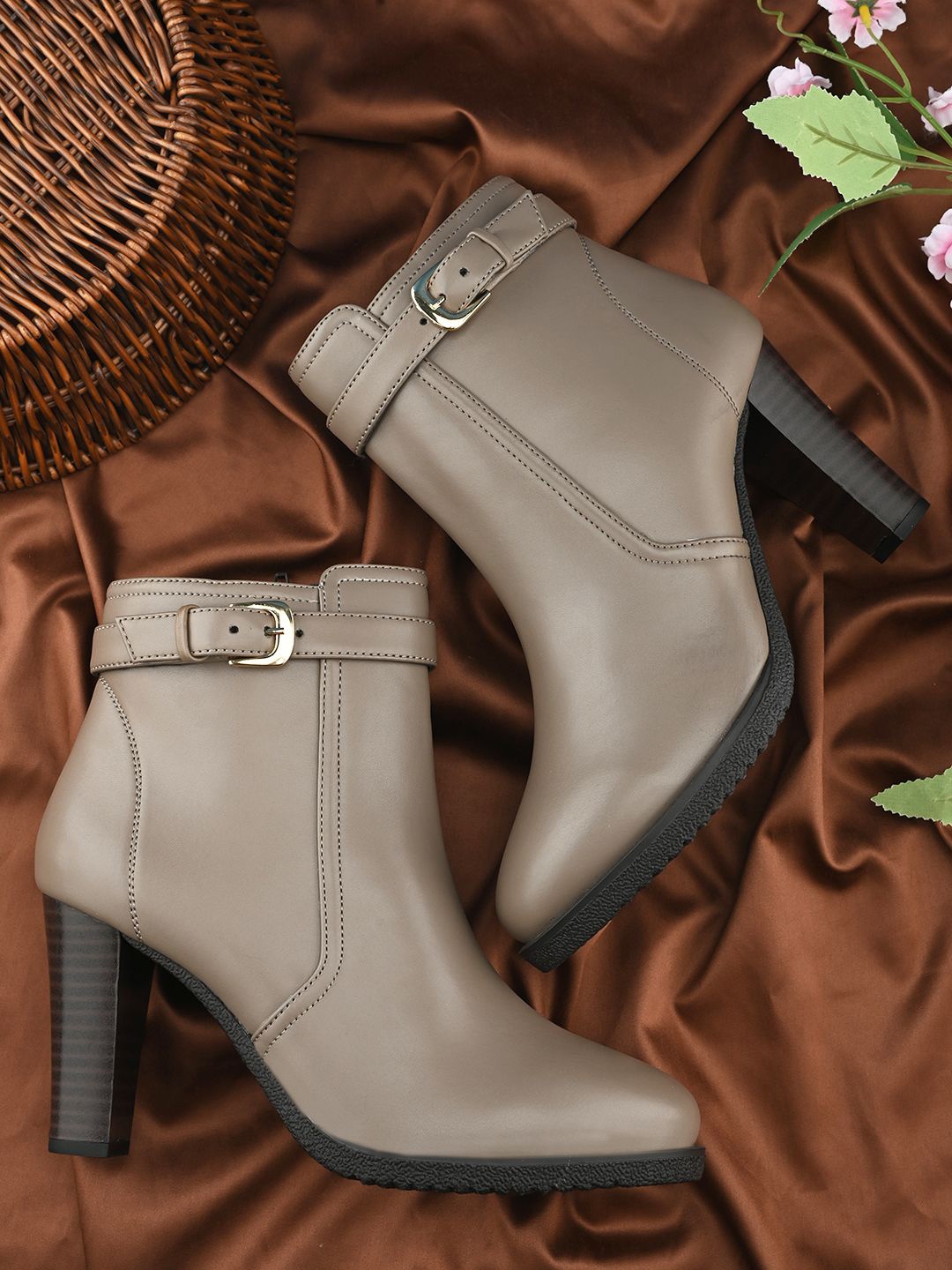 

The Roadster Lifestyle Co Women Casual Slim-Heeled Buckle Detail Ankle Boots, Taupe