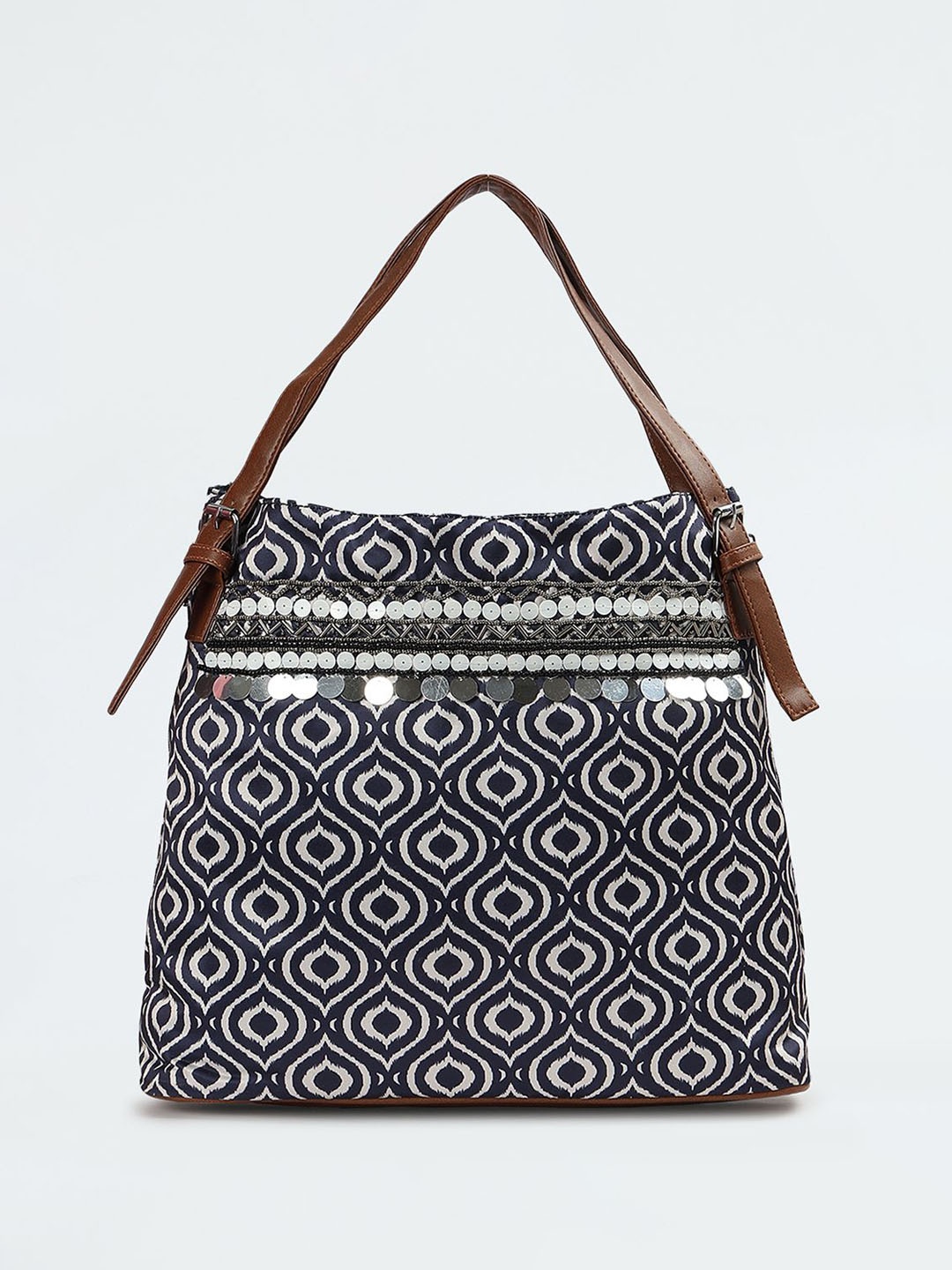 

max Ethnic Motifs Printed Structured Handheld Bag with Tasselled, Blue