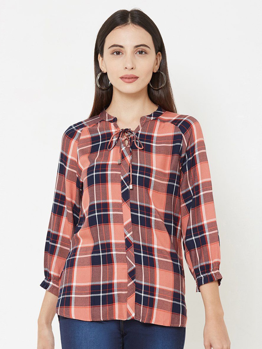 

Kraus Jeans Women Checked Puff Sleeves Shirt Style Top, Orange