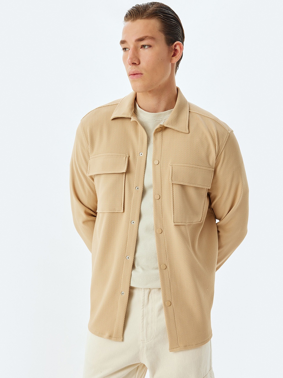

Koton Men Checked Longline Tailored Jacket with Embroidered, Camel brown