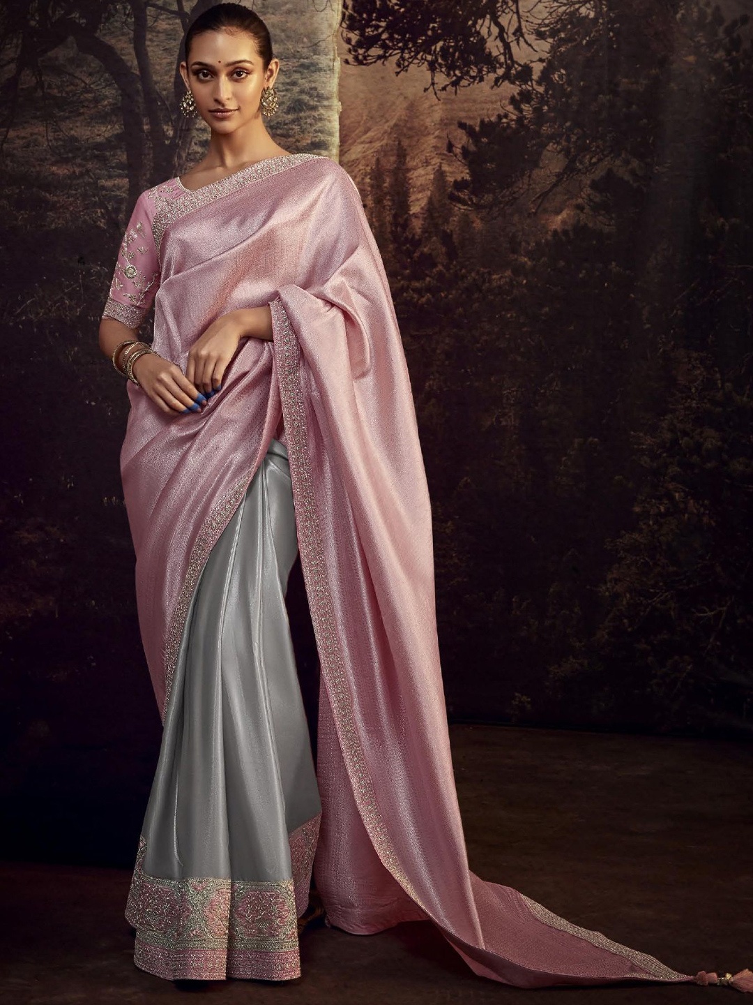 

MAHALASA Embroidered Tissue With Diamond Work Saree, Pink