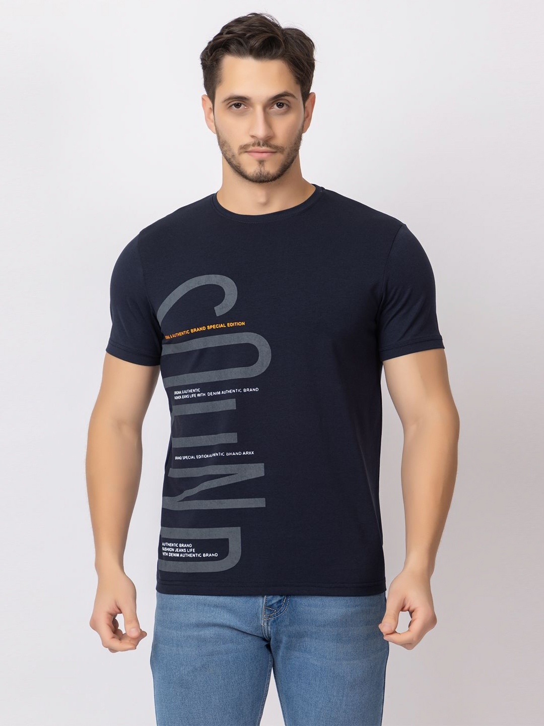 

ARIIX Men Typography Printed Round Neck Cotton T-shirt, Navy blue