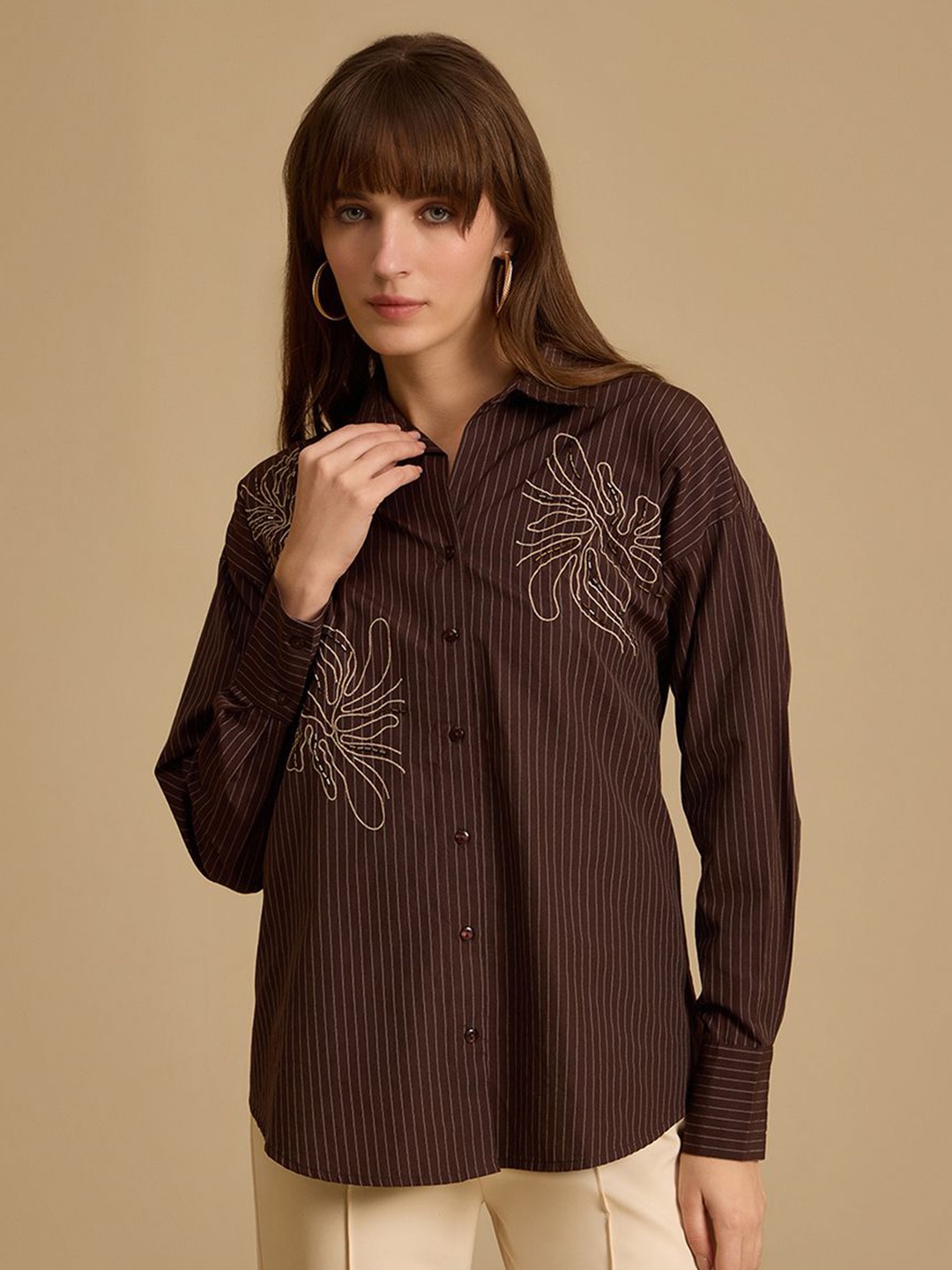 

Kazo Women Opaque Striped Formal Shirt, Brown