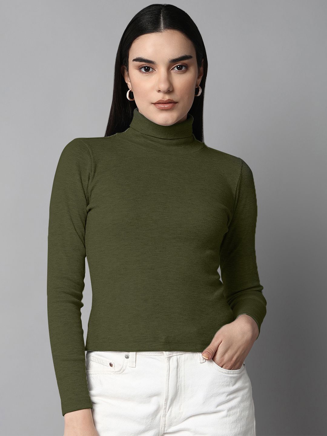 

The Roadster Lifestyle Co Women High Neck Long Sleeves Top, Olive