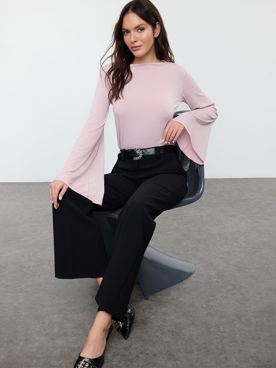 

Trendyol Women Boat Neck Bell Sleeve Top, Pink