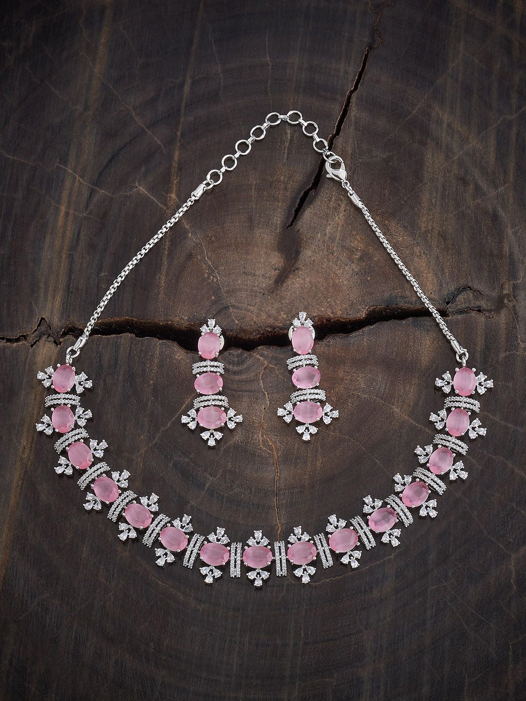 

Kushal's Fashion Jewellery Rhodium-Plated CZ Stone Studded Jewellery Set, Silver