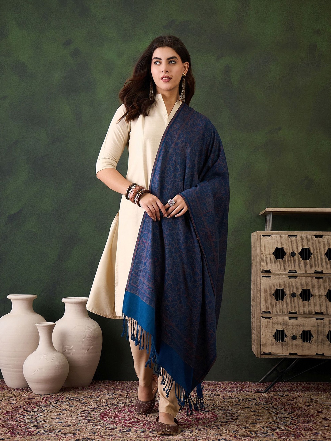 

Sangria Women Floral Woven Design Winter Pashmina Shawl, Navy blue