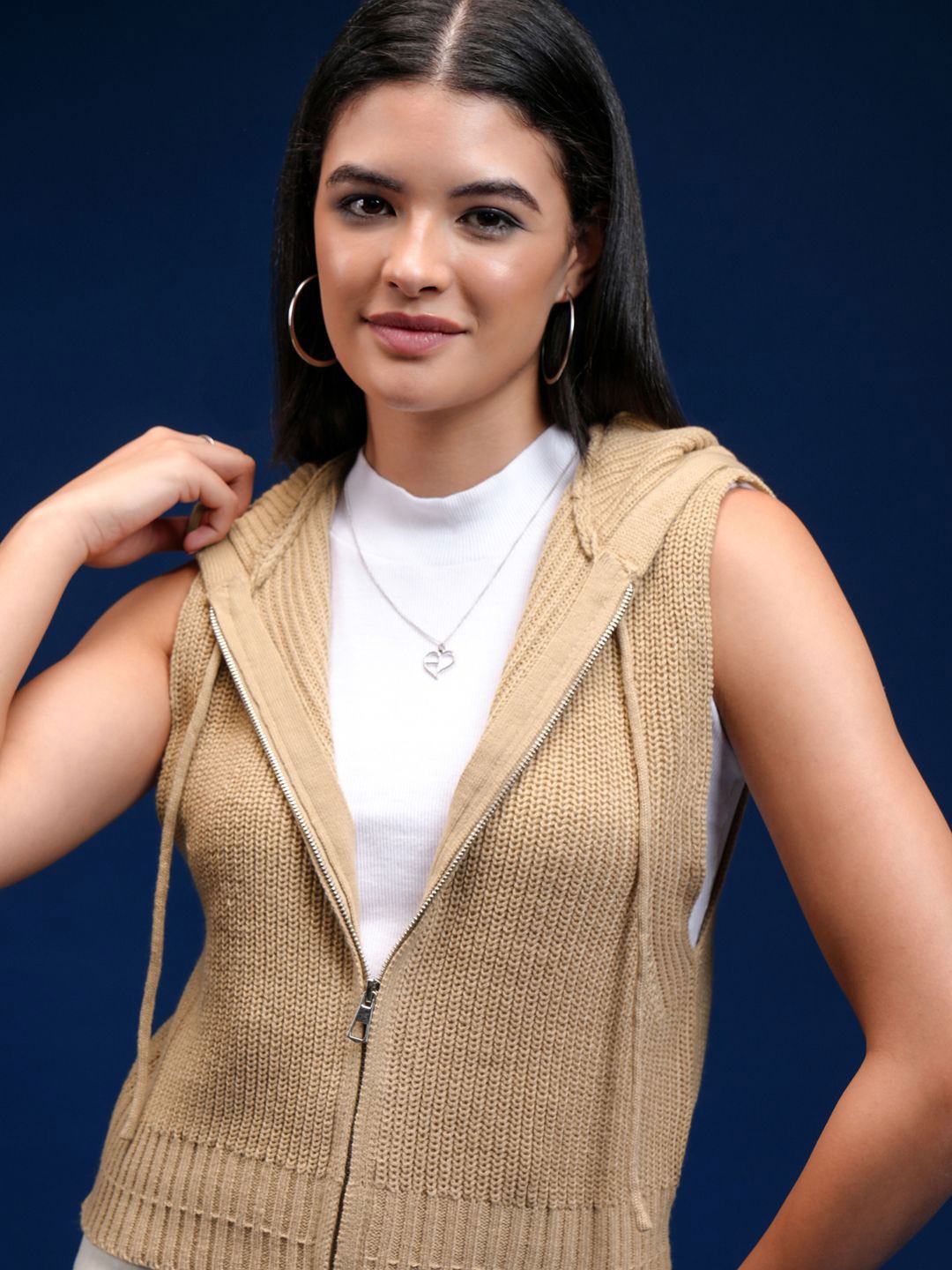 

Tokyo Talkies Women Hooded Sleeveless Cardigan Sweater, Brown