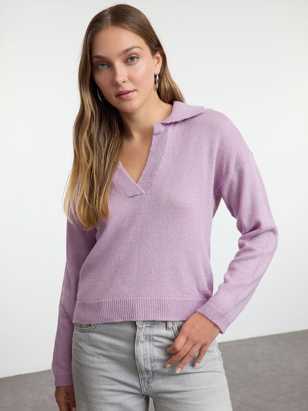 

Trendyol Women Solid Shirt Collar Winter Top, Lavender