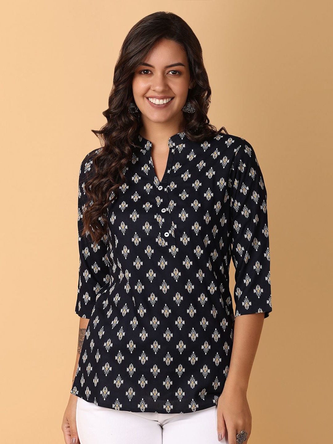 

V-Mart Women Ethnic Motifs Printed Mandarin Collar Top, Black