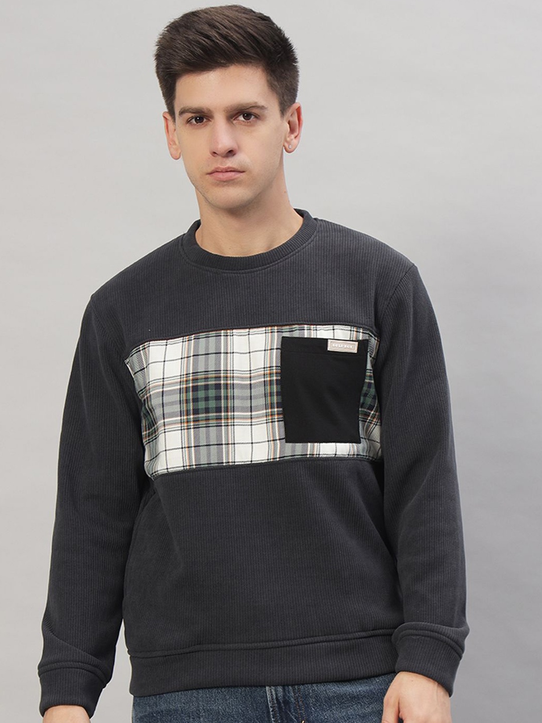 

PROFY Men Checked Pullover Sweatshirt, Grey melange