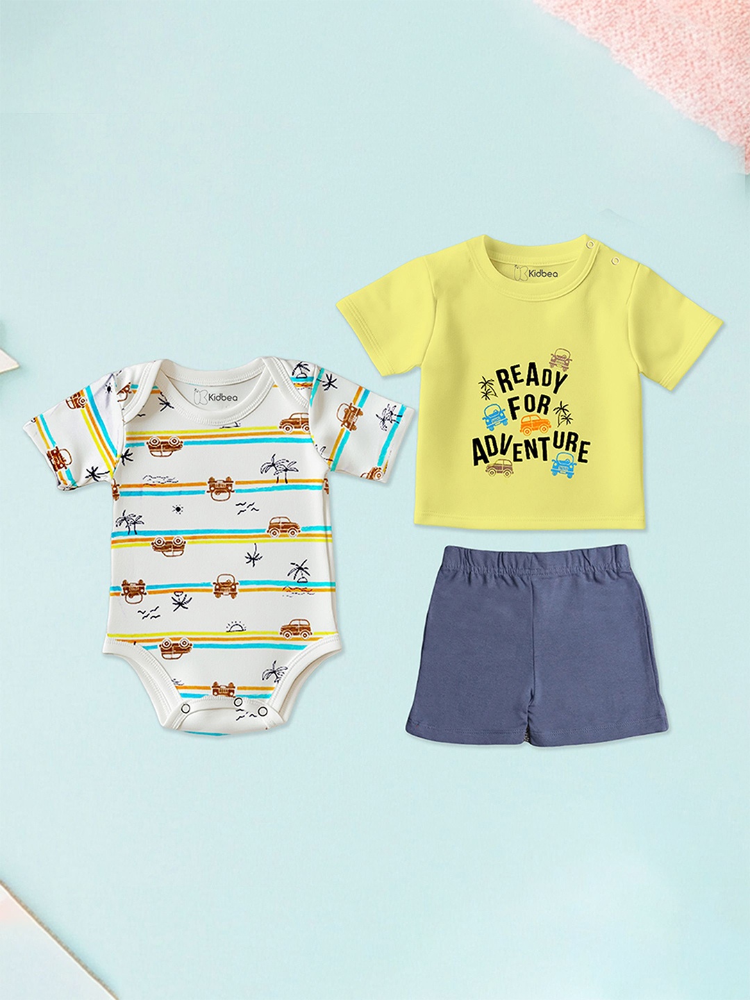 

Kidbea Kids Graphic Printed Organic Cotton Onesie Romber And T-shirt With Short, Yellow
