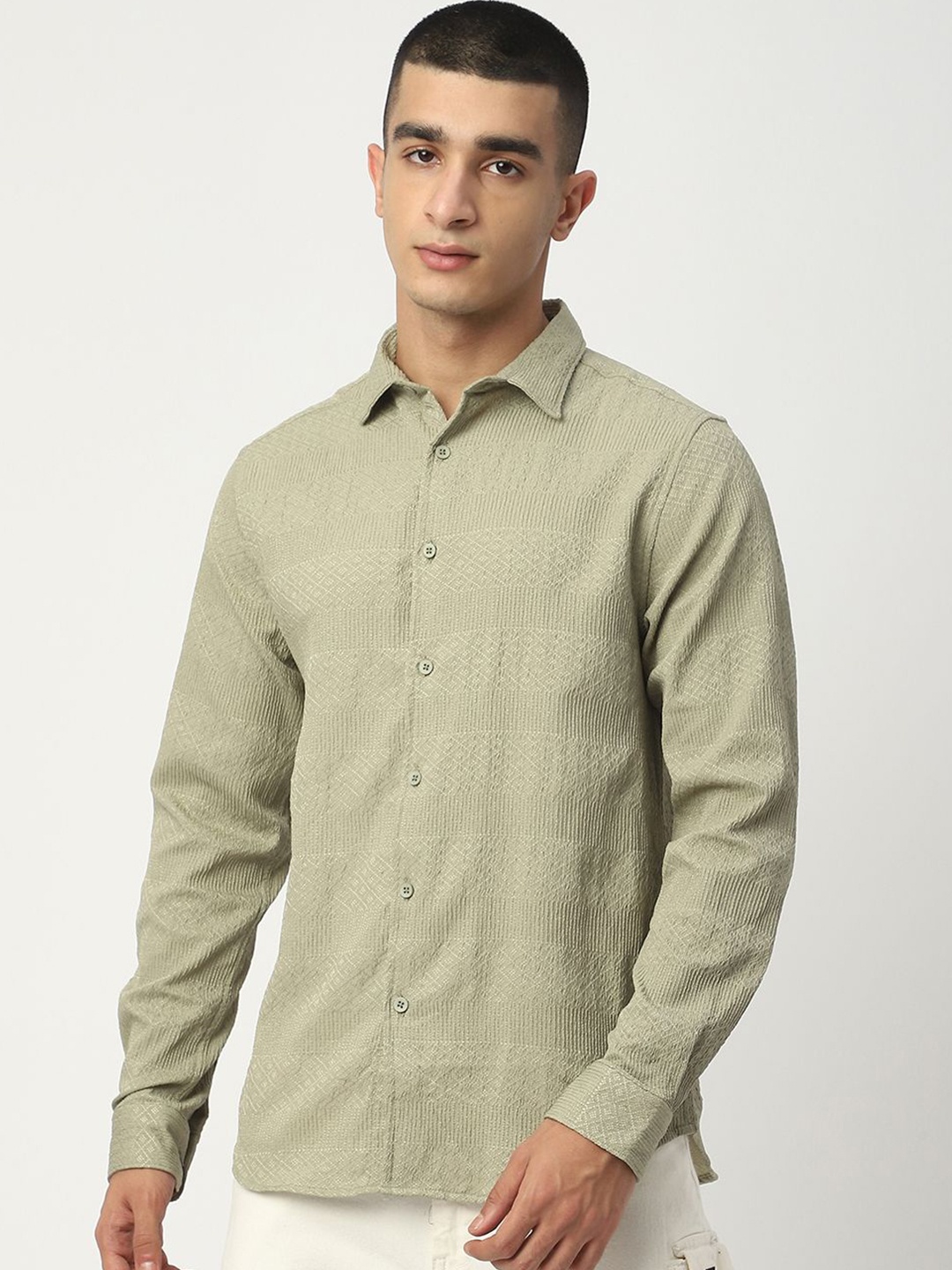 

R&B Men Tartan Checks Opaque Casual Shirt, Olive