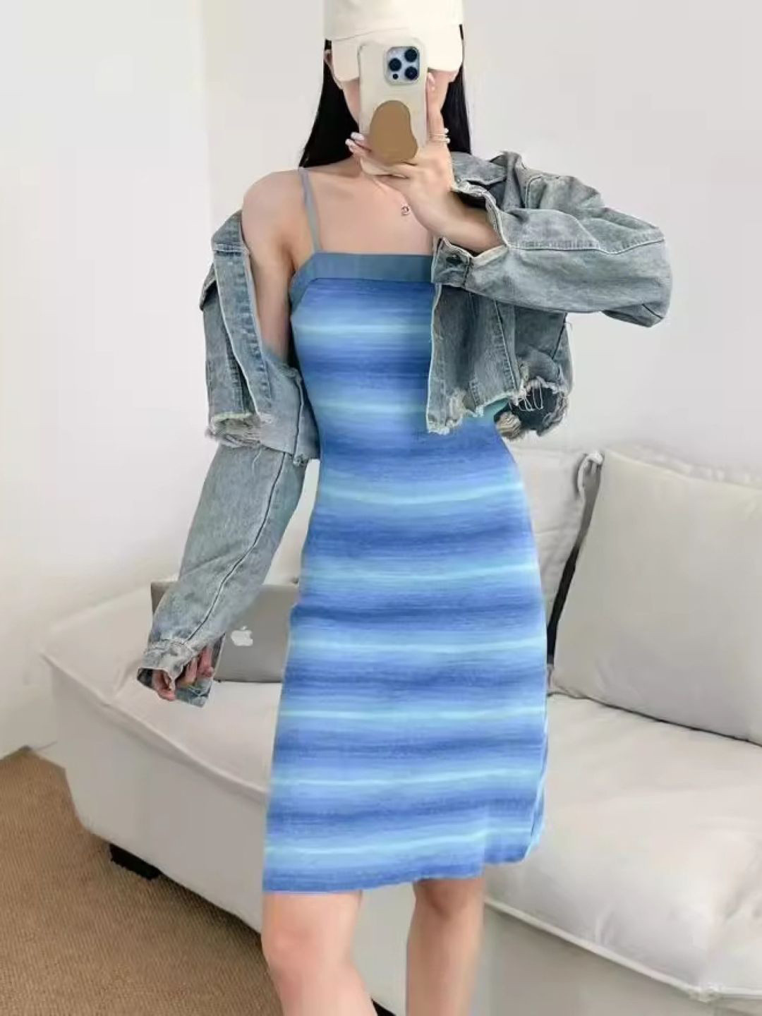 

KPOP Shoulder Straps Striped Sheath Dress, Blue